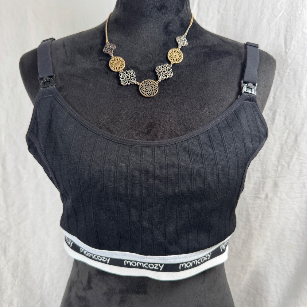 Women's Momcozy Black Ribbed Nursing Bra XL Adjustable Straps Logo Band‎